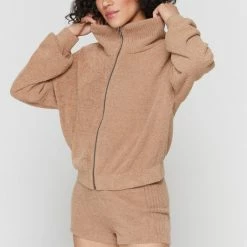 Spiritual Gangster Melody Zip Up Funnel Neck Sweater - Camel