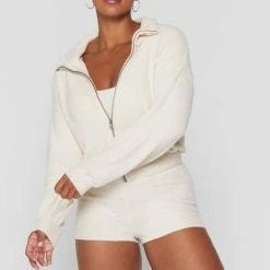 Spiritual Gangster Melody Zip Up Funnel Neck Sweater - Stone Women's Clothing