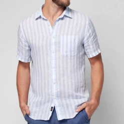 Faherty Men's Clothing Short Sleeve Striped Linen Shirt